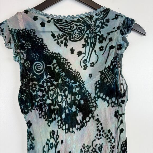 Y2K C-Lue Silk Blend Sheer Velvet Paisley Blosue w Lace Cami Blue - S - Picture 7 of 9